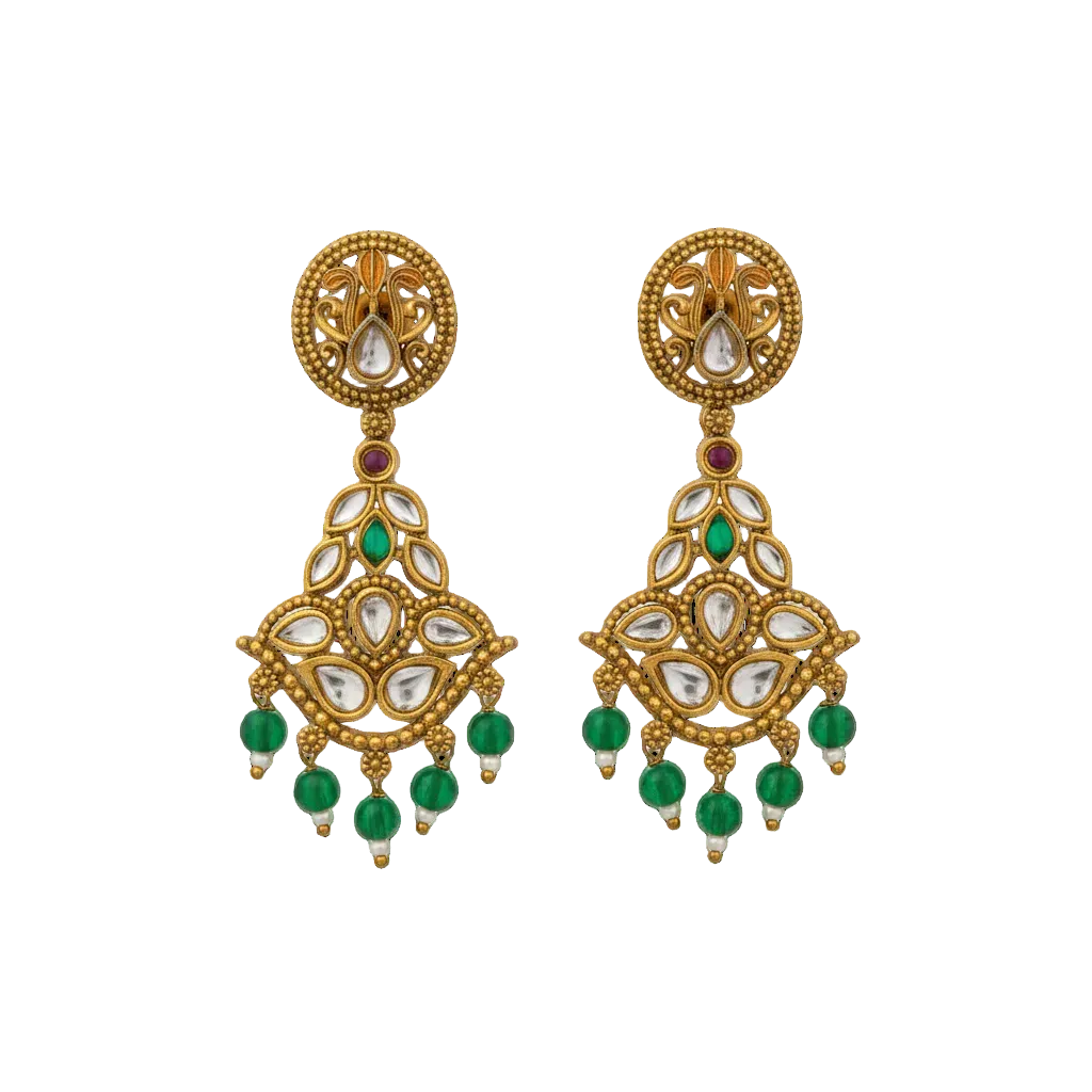 Green Bead Kundan Drop Earrings
