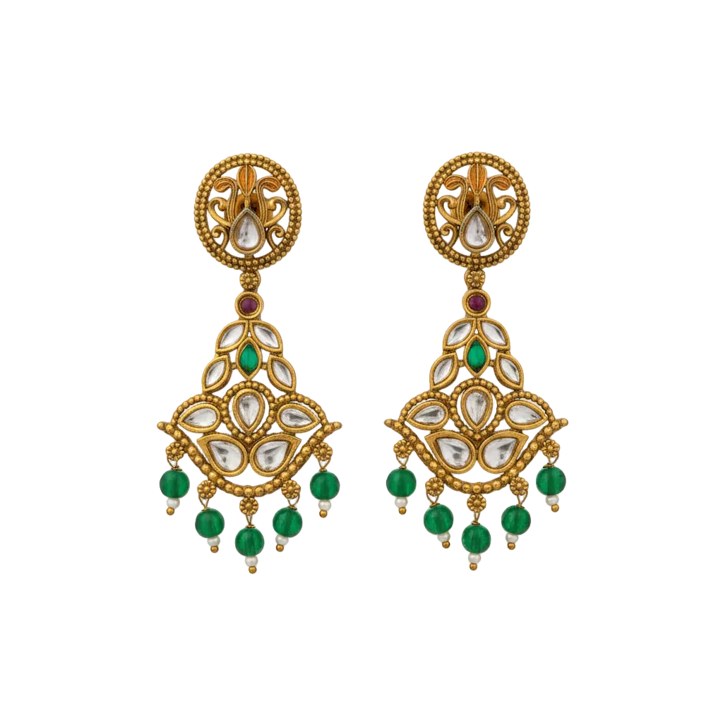Green Bead Kundan Drop Earrings