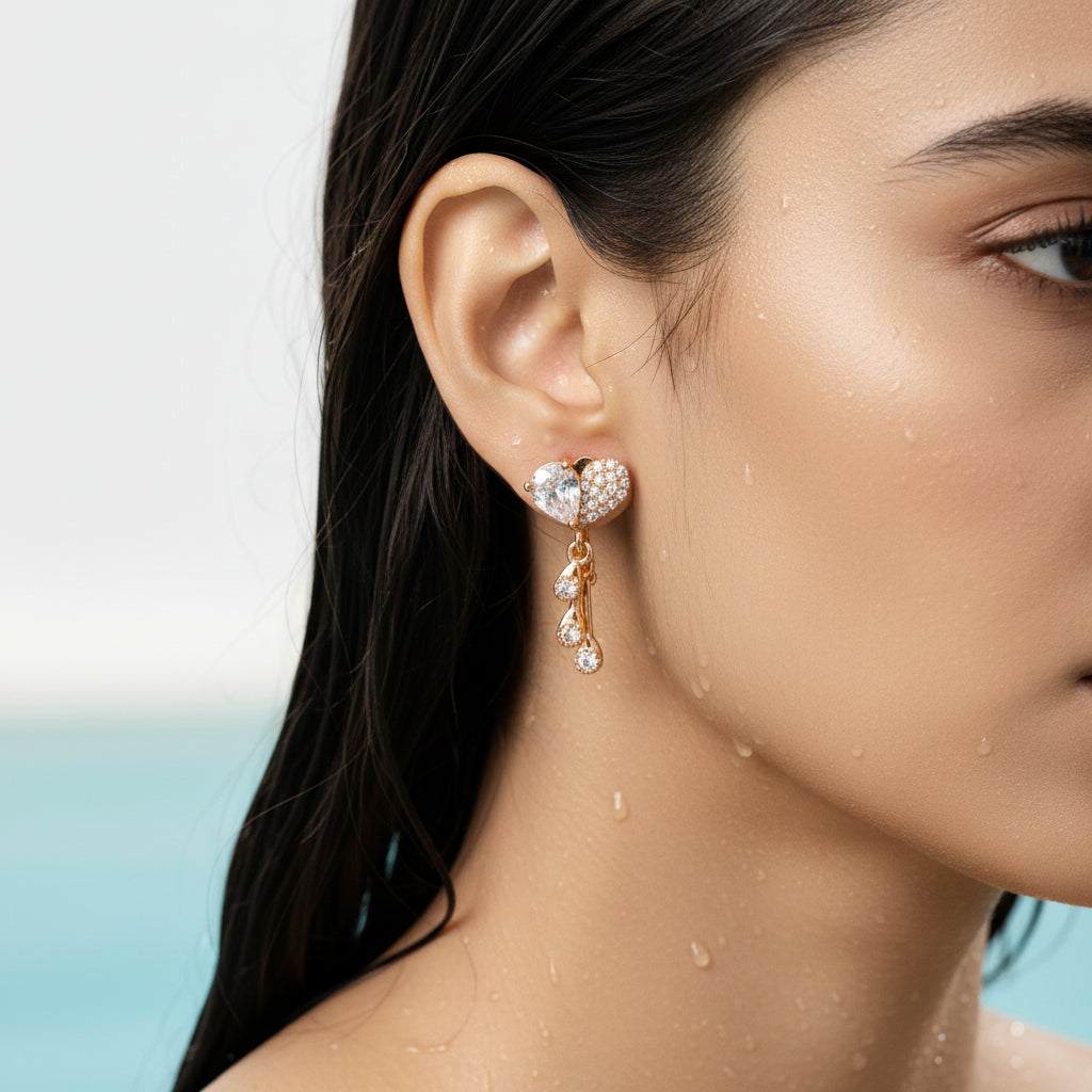 Pair of Heart Leaf Crystal Drop Earrings