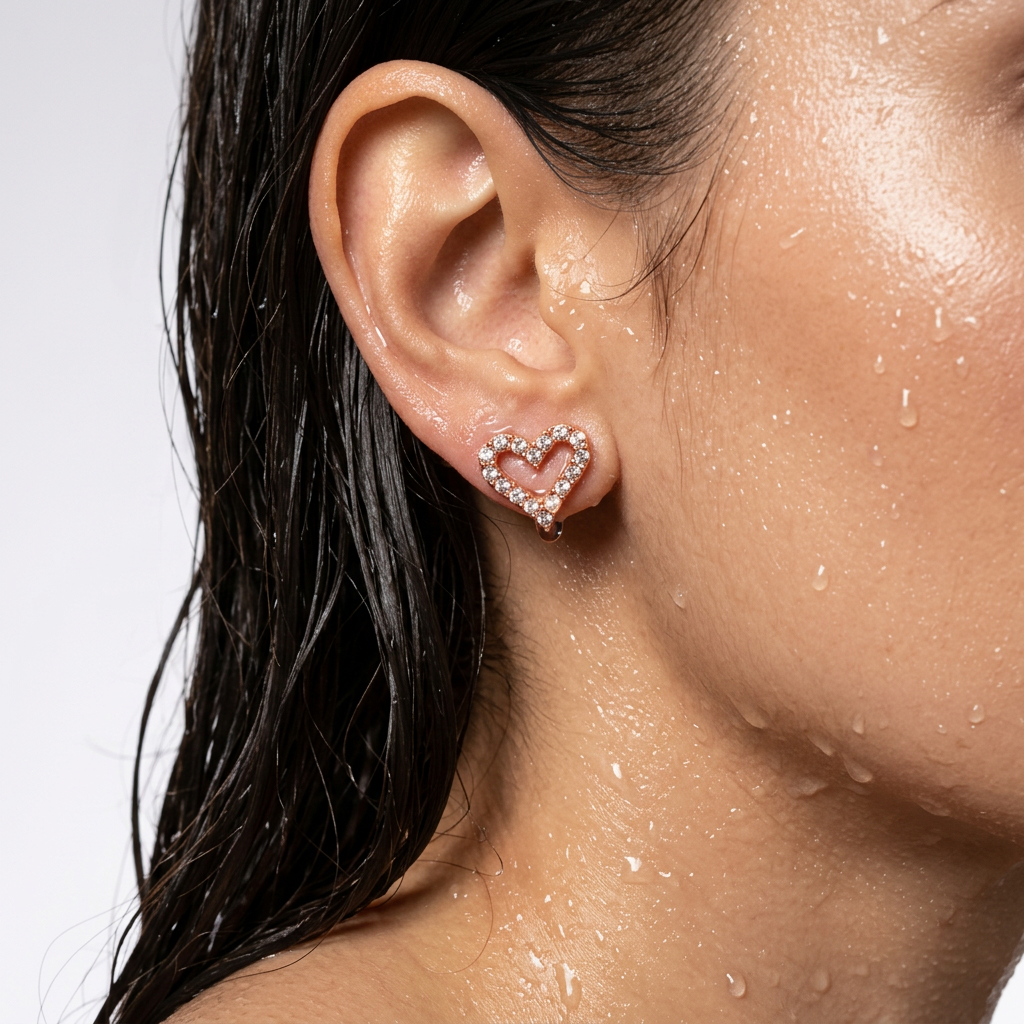 Heart-shaped earring worn by a person with water droplets on skin and hair.
