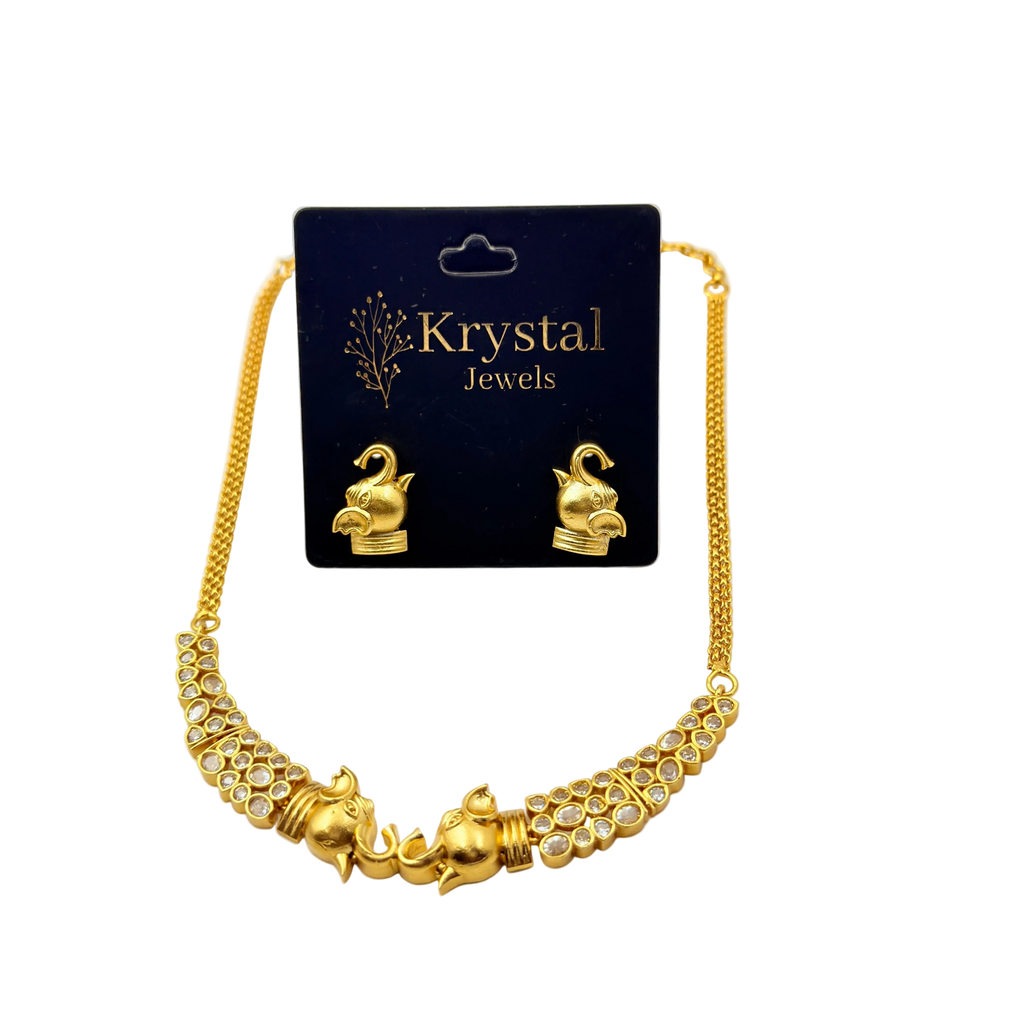 Gold necklace and earrings set on a Krystal Jewels card