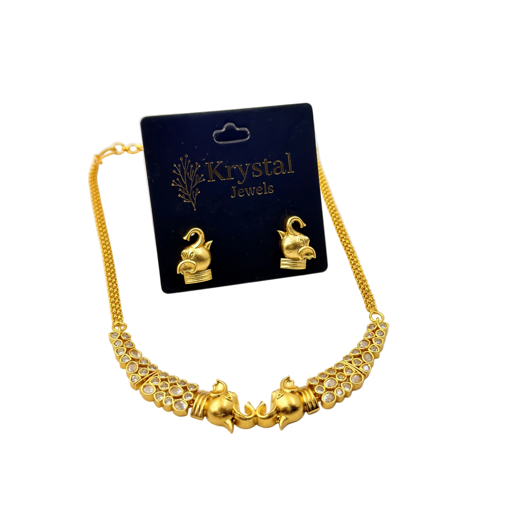 Gold necklace and earrings set on a Krystal Jewels card