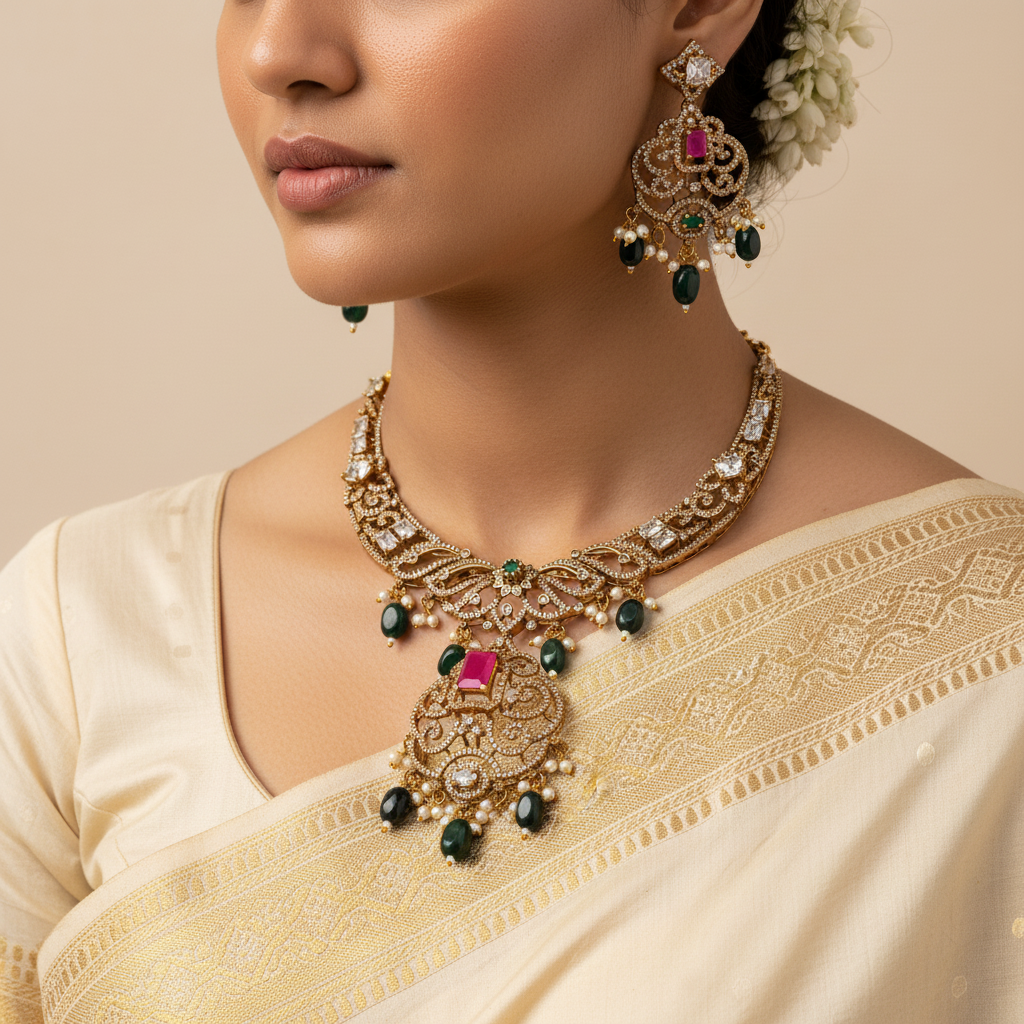 Woman wearing a gold necklace and earrings with a beige saree on a beige background
