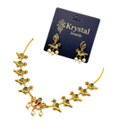 Gold jewelry set with gemstones and pearls on a Krystal Jewels card.