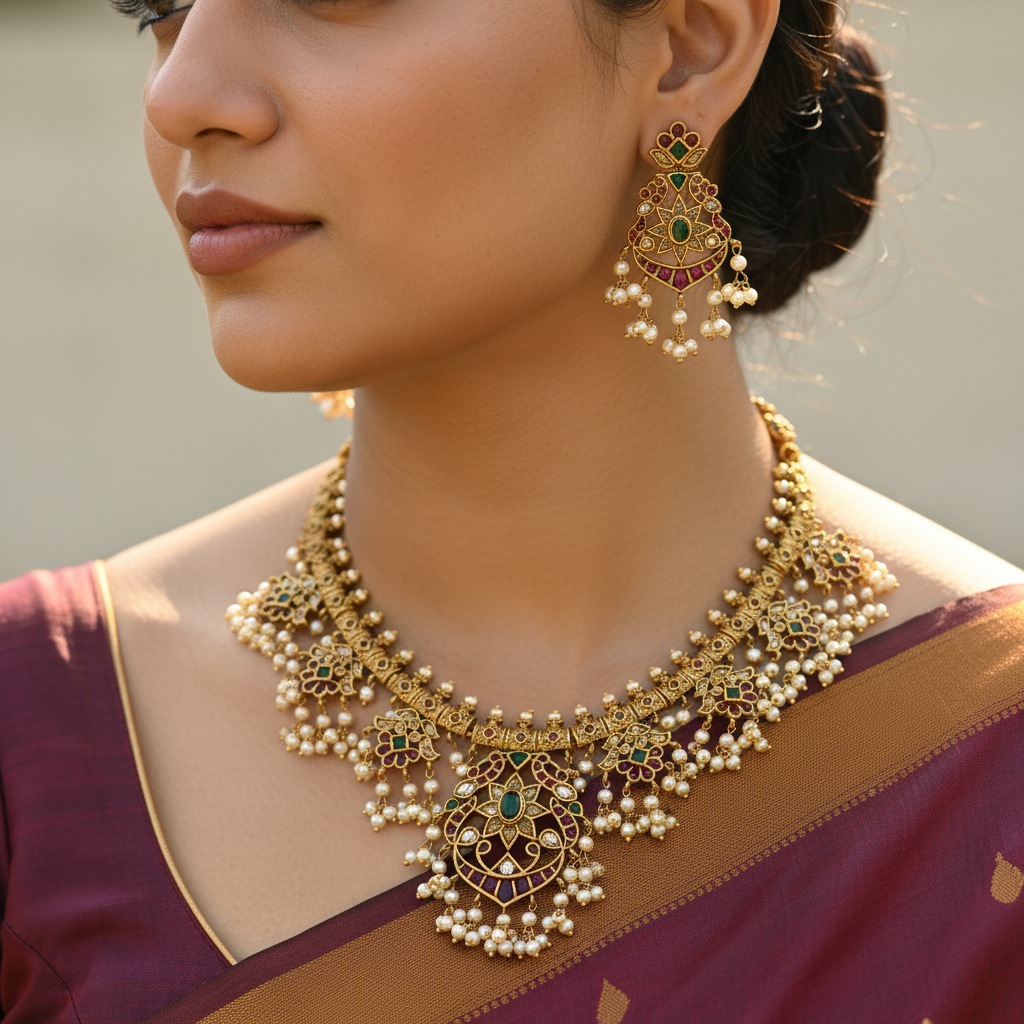 Woman wearing a gold necklace and earrings with a blurred background