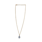 Gold-tone pendant necklace with pear-cut clear crystal solitaire, full flat-lay view