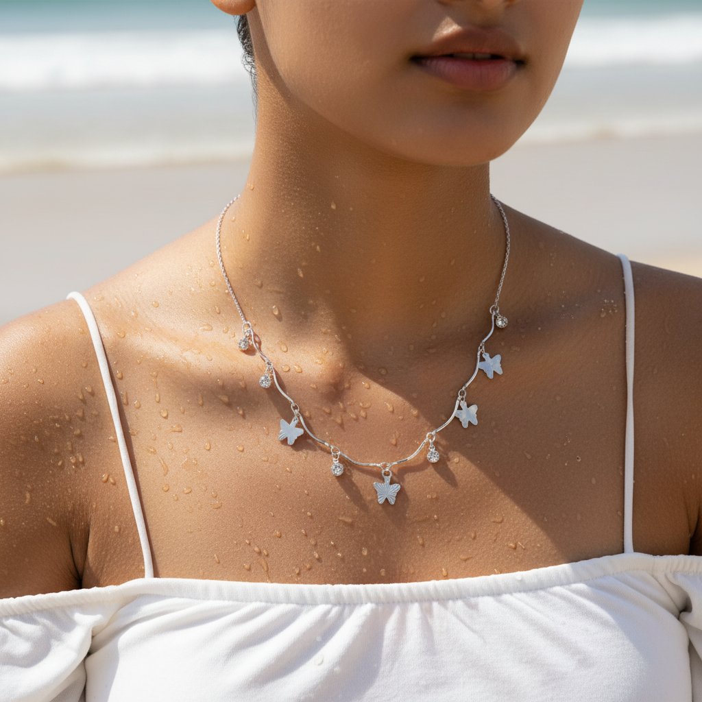 Polished silver butterfly charm necklace with clear crystal accents, worn on model at the beach