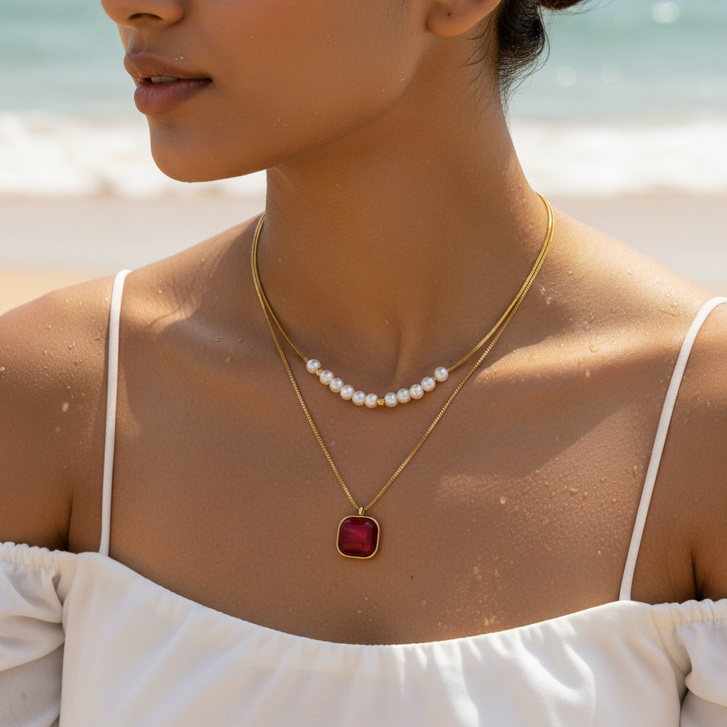 Gold-tone layered necklace with pearls and carnelian pendant, worn on neck at the beach