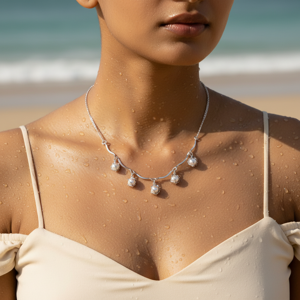 Silver-tone pearl charm necklace with wavy collar bar, worn on neck at the beach