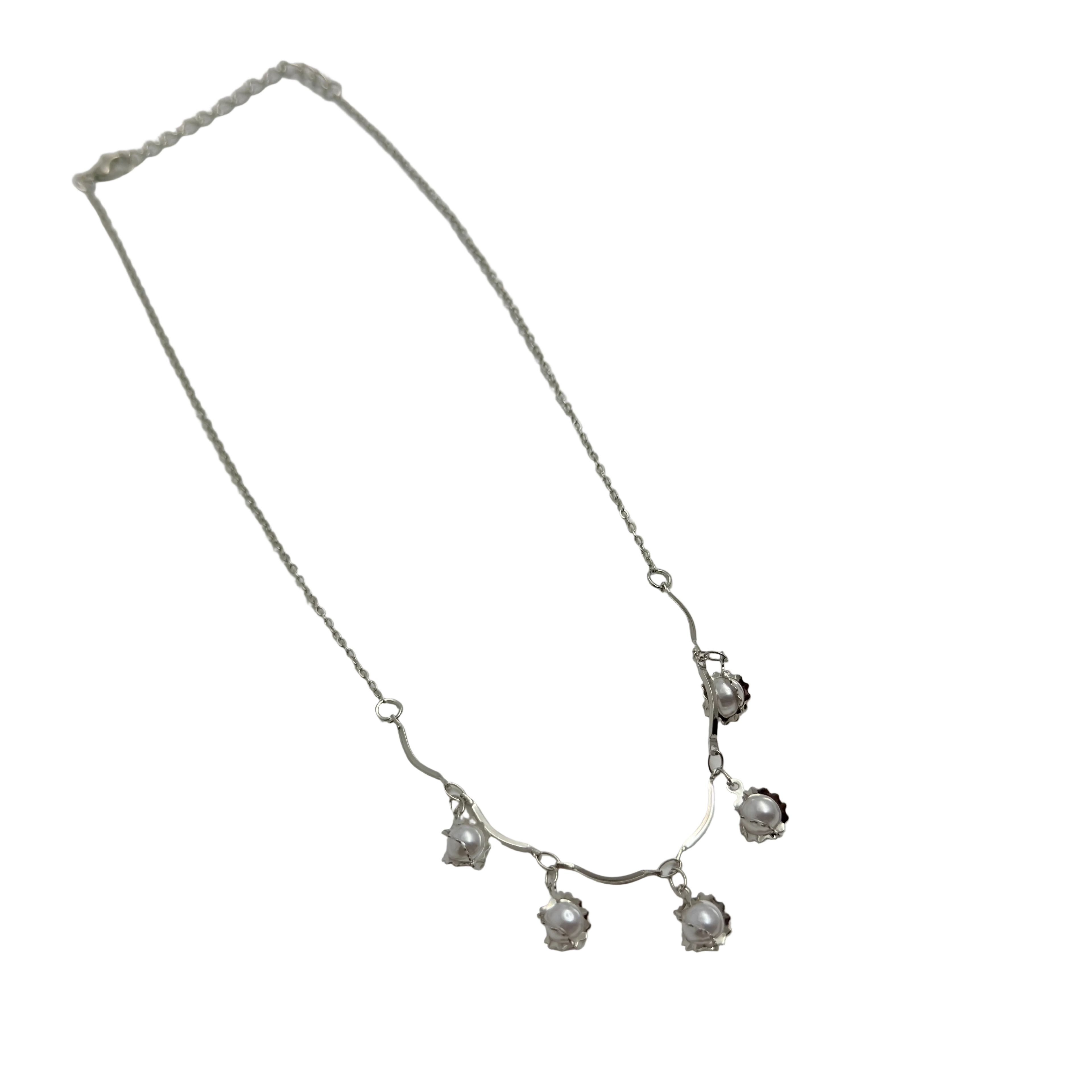 Silver-tone pearl flower bud charm necklace with lobster clasp, straight flat-lay view