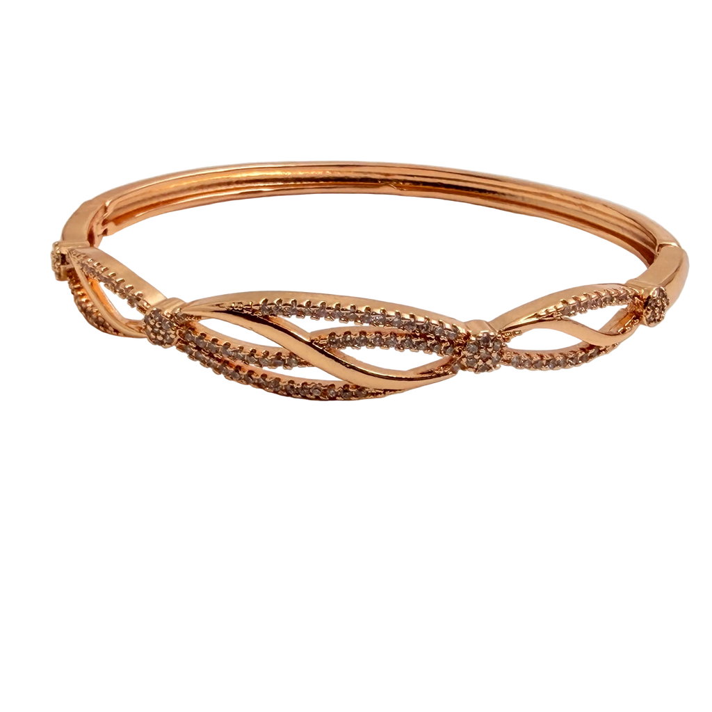 Rose gold-tone bangle bracelet with pave crystal split-helix design, flat-lay full view showing double-orbit silhouette