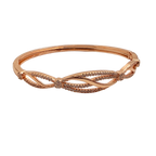 Rose gold-tone bangle bracelet with pave crystal split-helix design, flat-lay full view showing double-orbit silhouette