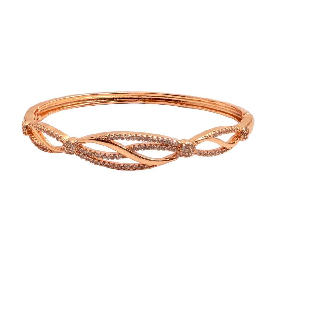 Rose gold-tone bangle bracelet with pave crystal split-helix design, close-up of hinge and crystal cluster detail