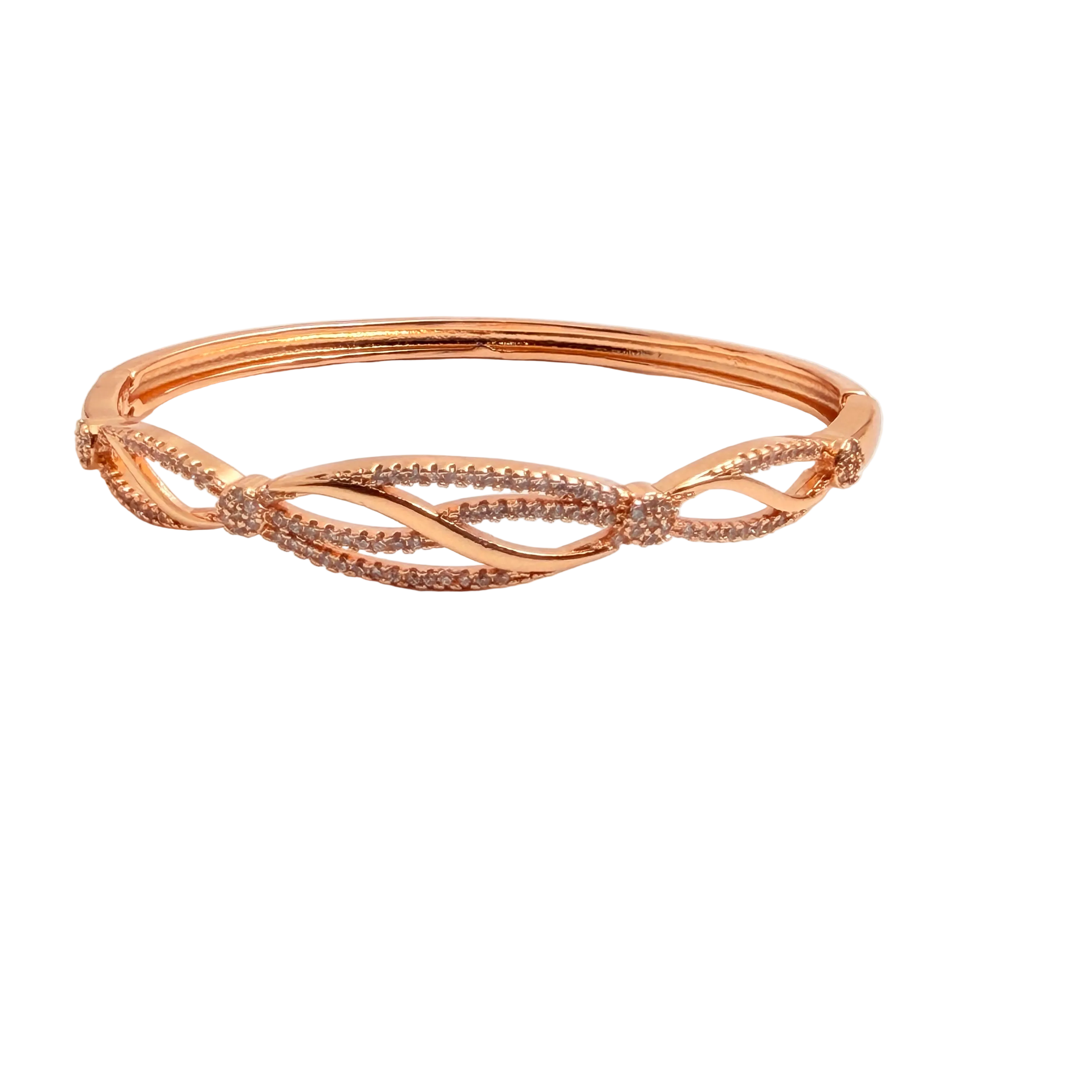 Rose gold-tone bangle bracelet with pave crystal split-helix design, close-up of hinge and crystal cluster detail