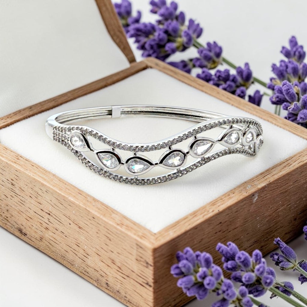 Silver Teardrop Crystal Wave Kada Bracelet