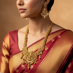Antique gold temple necklace set with Goddess Lakshmi pendant, worn by model with red silk saree