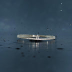 Silver-toned star bangle bracelet with crystal-lined band, product shot over water