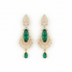 Gold-tone emerald-green statement drop earrings with crystal cascade design, worn on model's ear