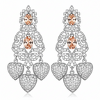 Silver-tone crystal bloom heart drop earrings with pave stones and champagne accents, flat-lay pair front view