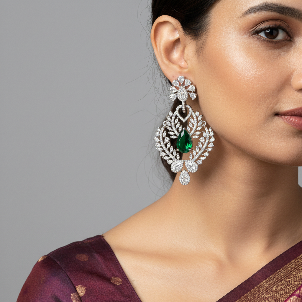 Emerald Leaf Drop Statement Earrings