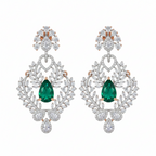 Silver-tone emerald leaf drop statement earrings with CZ vine frame, flat-lay pair studio shot