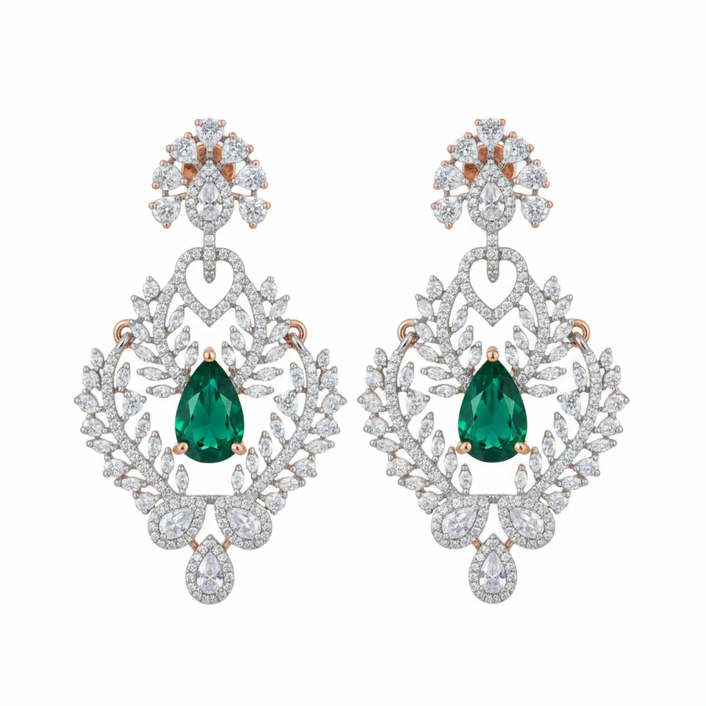 Emerald Leaf Drop Statement Earrings