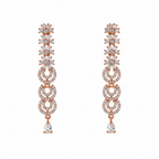 Rose gold cascading linear earrings with CZ floral arcs and teardrop, worn on model's ear