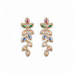 Rose gold multicolor leaf drop earrings with CZ stones, close-up worn on model's ear