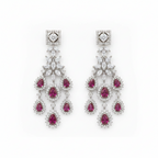 Ruby teardrop chandelier earrings with CZ studding, worn on ear showing cascading drop design