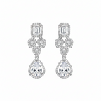 Silver-tone emerald-cut CZ drop earring with pave halo, worn on model's ear close-up