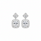 Silver-tone emerald-cut crystal drop earrings with pave halo, flat-lay product shot