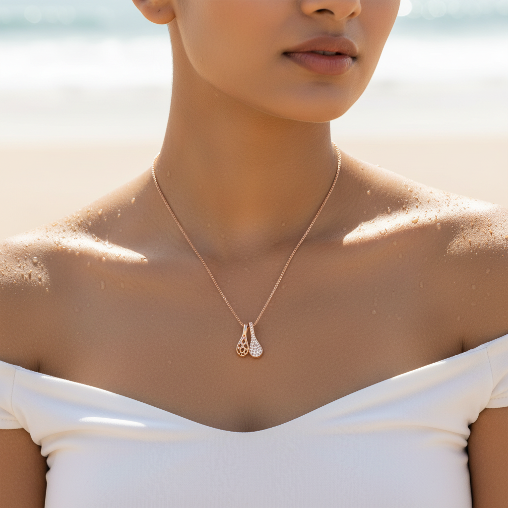 Rose gold-tone dual teardrop pendant necklace worn on neck, close-up on-model shot