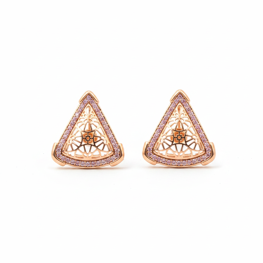 Rose Gold Filigree Triangle Stud Earrings