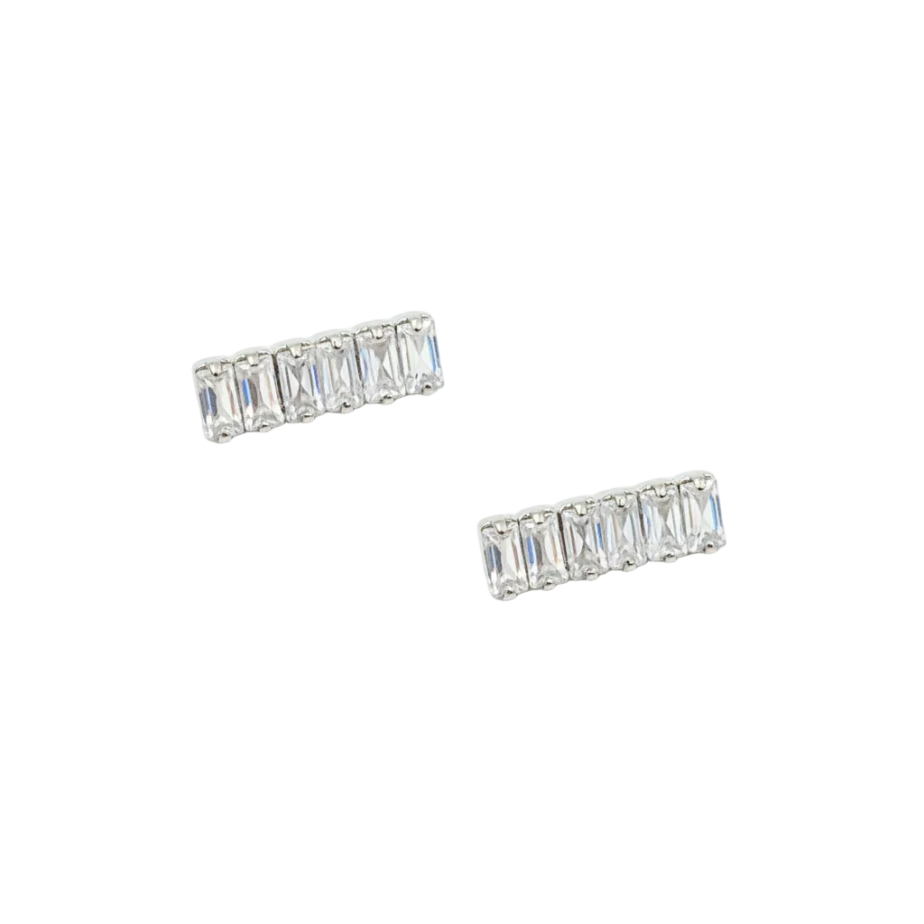 Silver Baguette Crystal Bar Stud Earrings