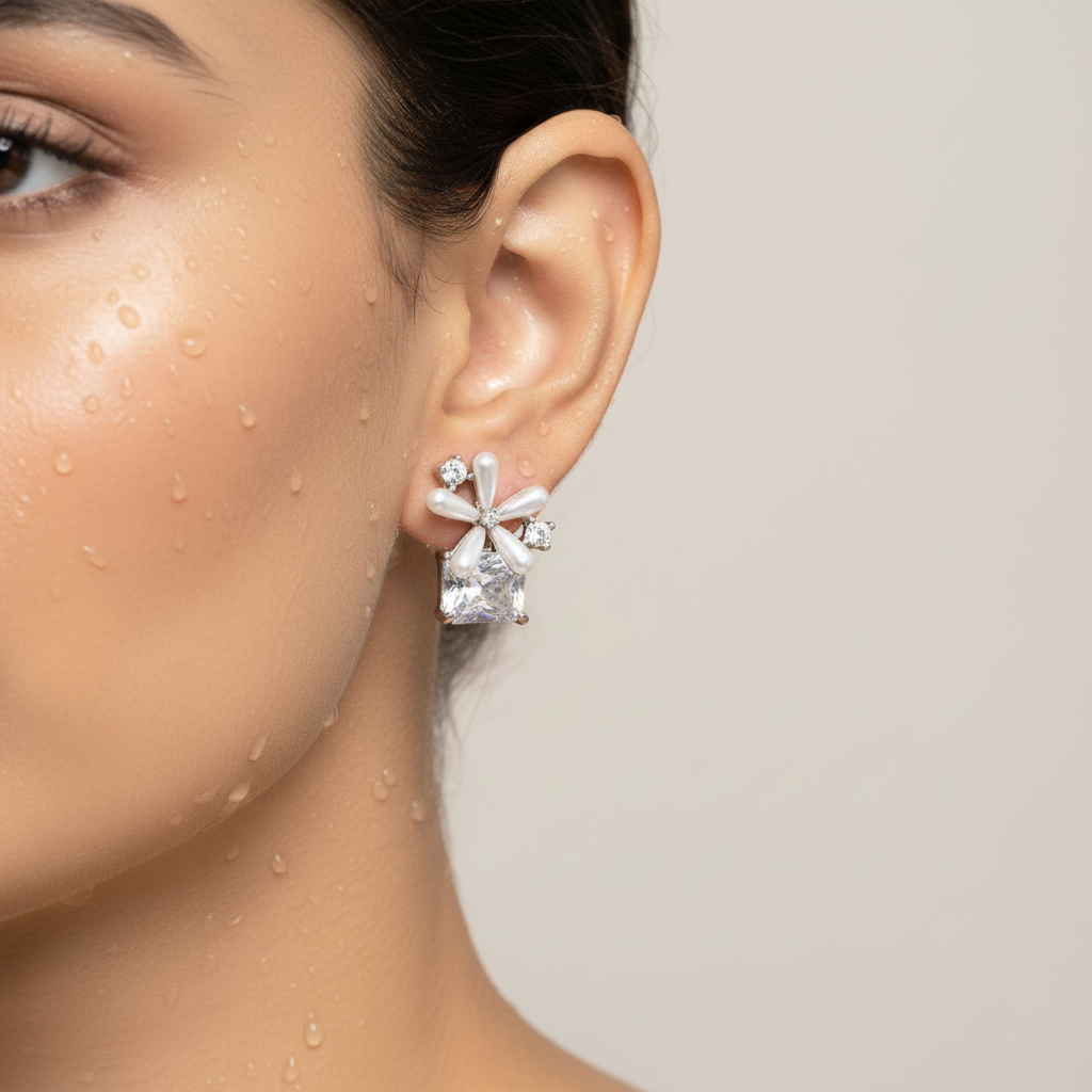 Floral Crystal Drop Stud Earrings