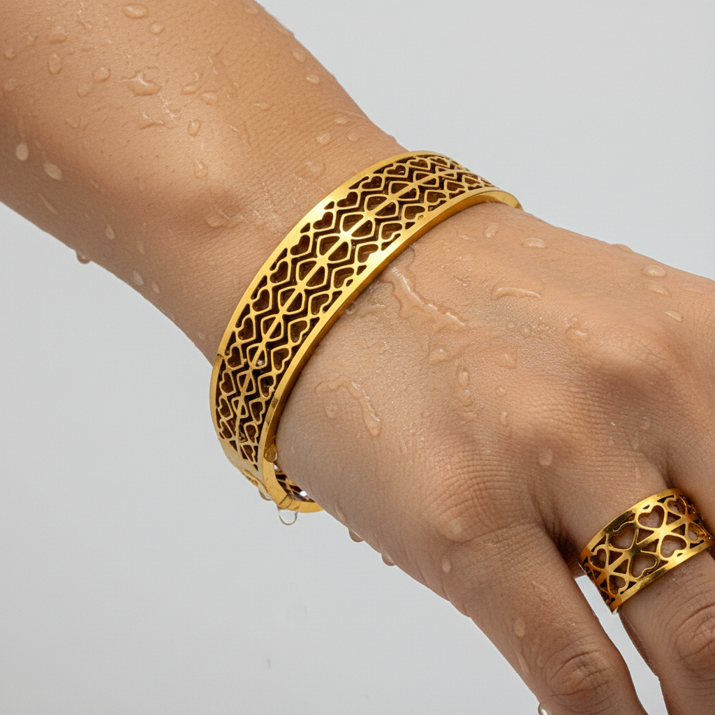 Heart Lattice Gold Cuff & Ring Set