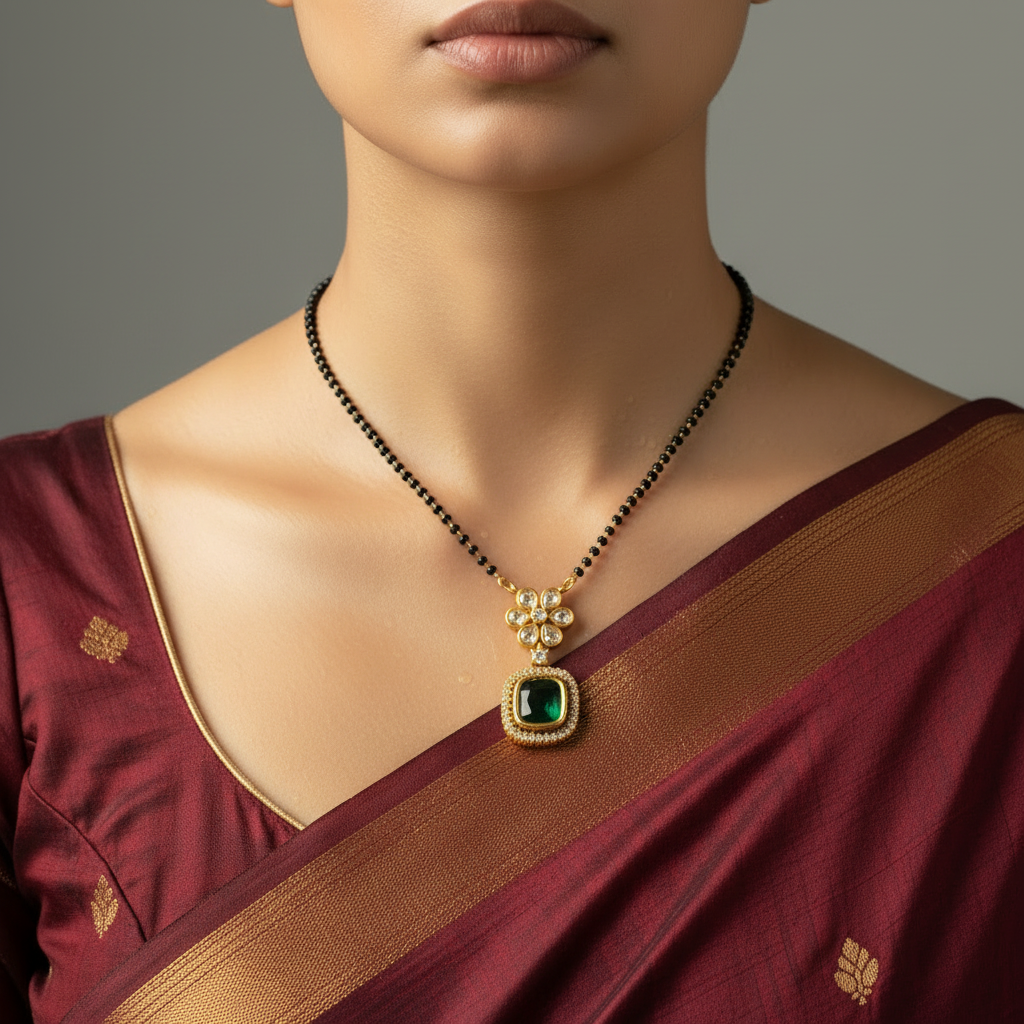 Floral Emerald Halo Mangalsutra Necklace