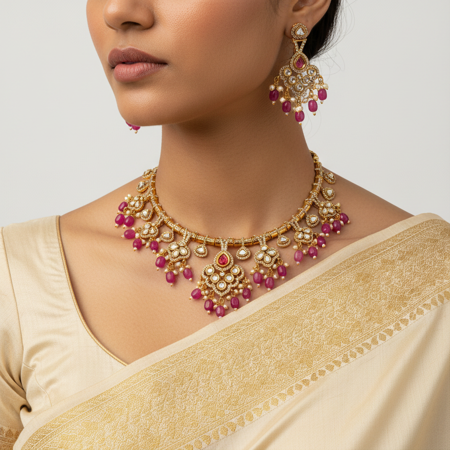 Woman wearing a gold and pink necklace and earrings with a beige saree.
