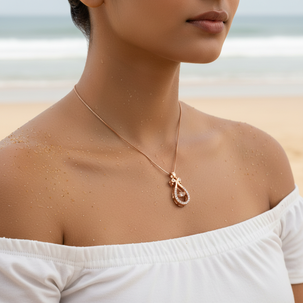 Rose Gold Ribbon Crystal Pendant Necklace