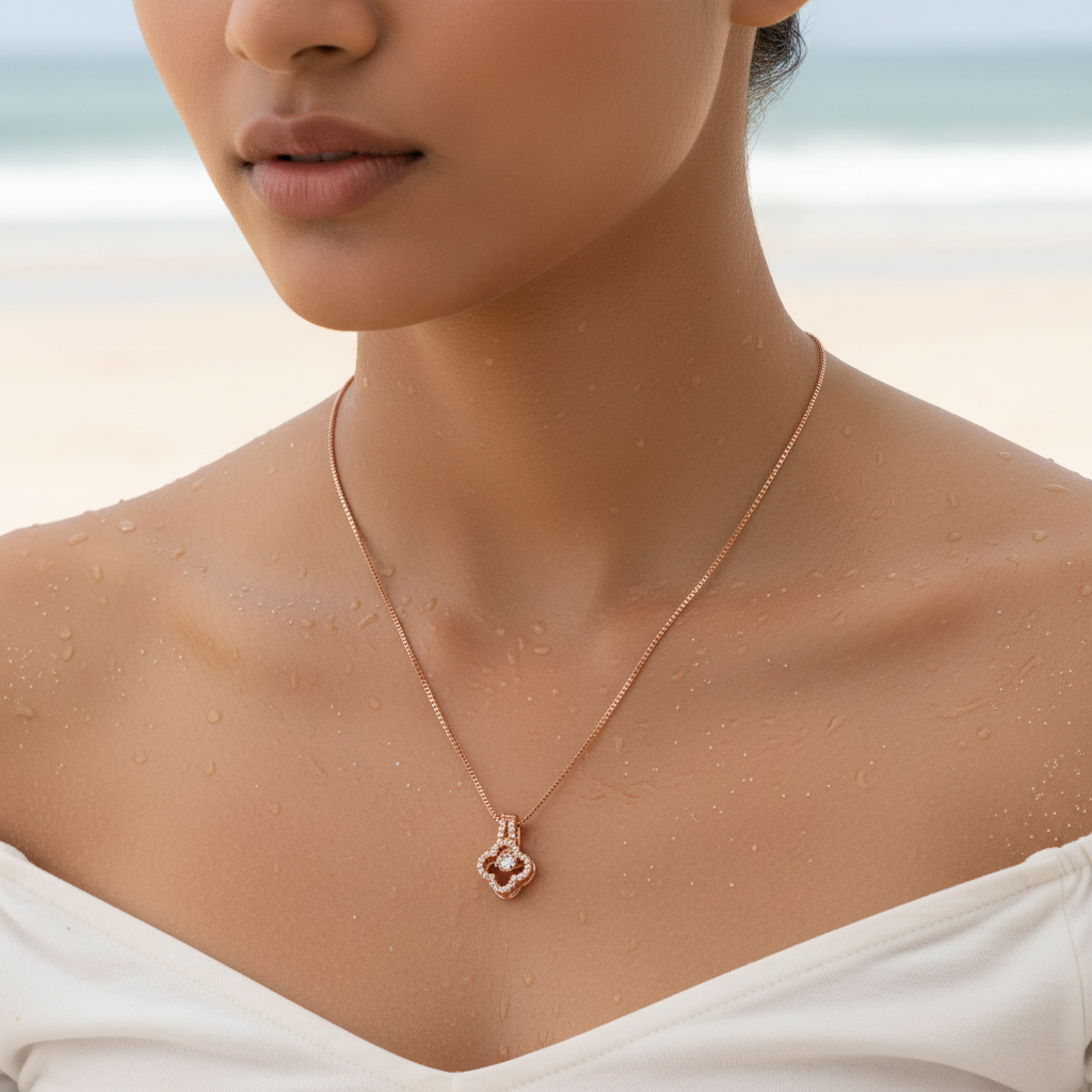 Rose Gold Floral Clover Crystal Pendant Necklace