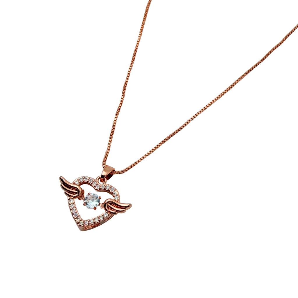 Rose Gold Angel Wings Heart Crystal Pendant Necklace