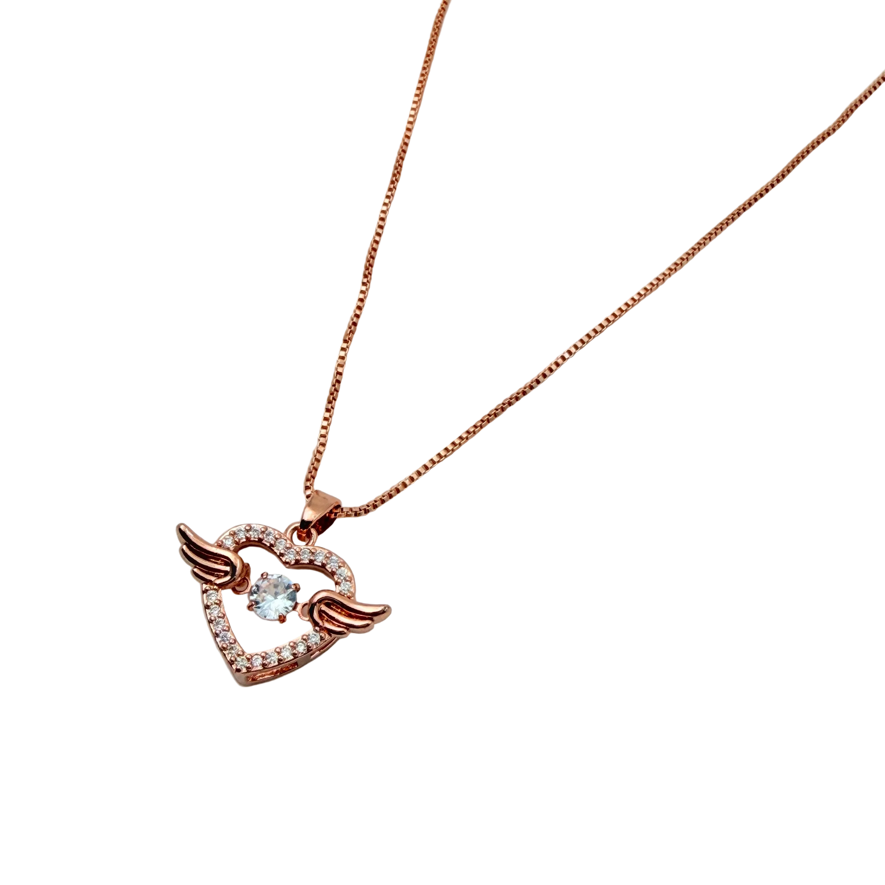 Rose Gold Angel Wings Heart Crystal Pendant Necklace