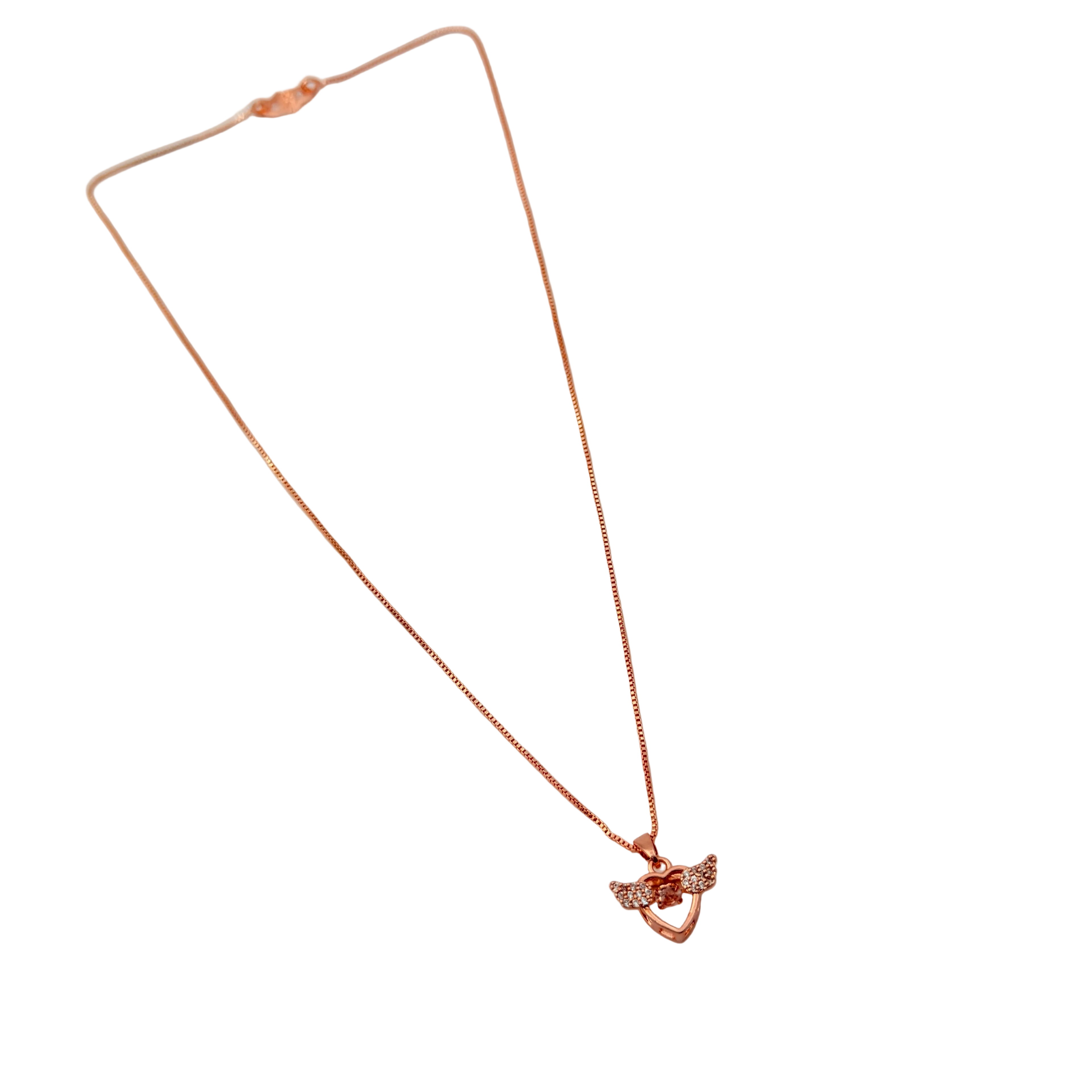 Rose Gold Angel Wings Heart Crystal Pendant Necklace