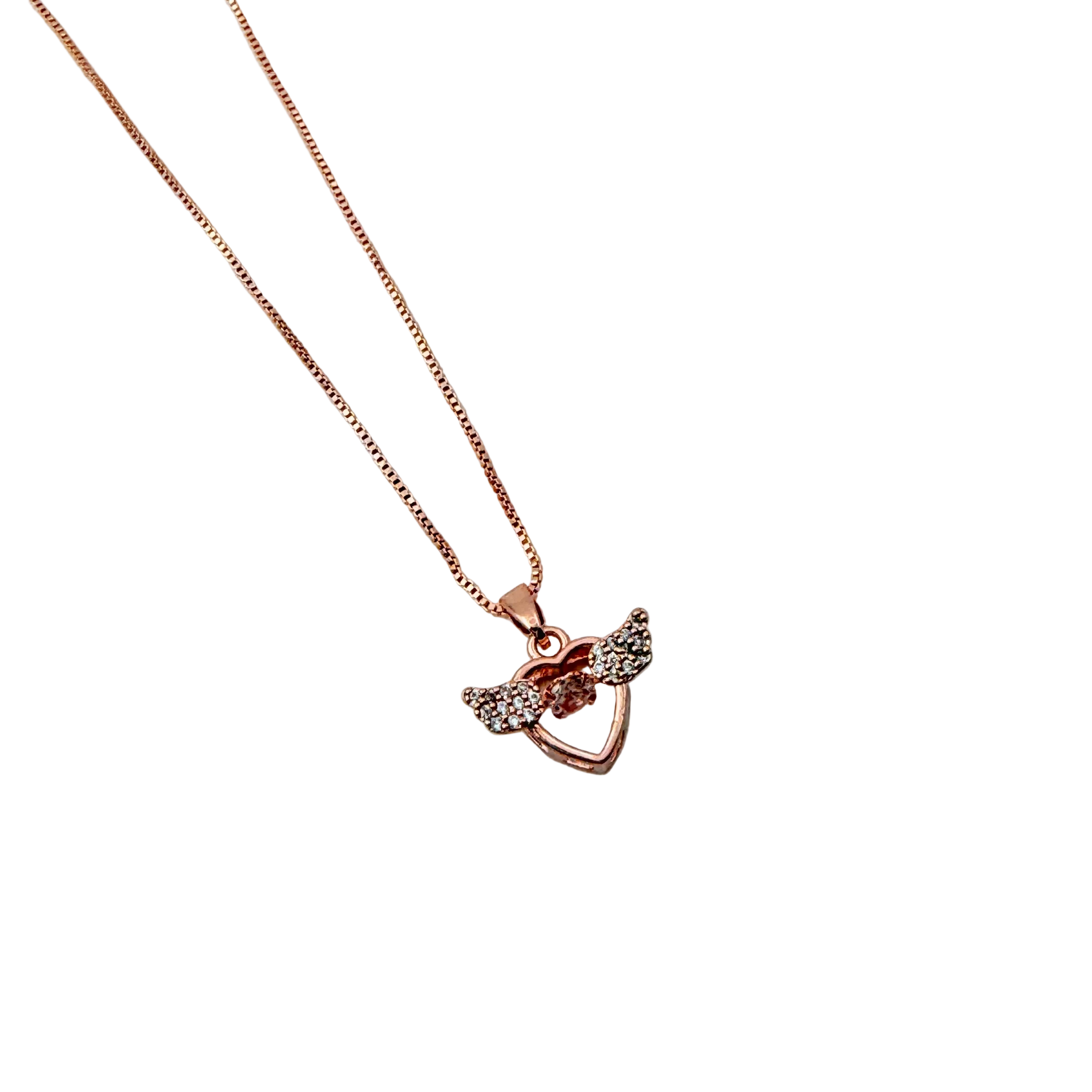 Rose Gold Angel Wings Heart Crystal Pendant Necklace