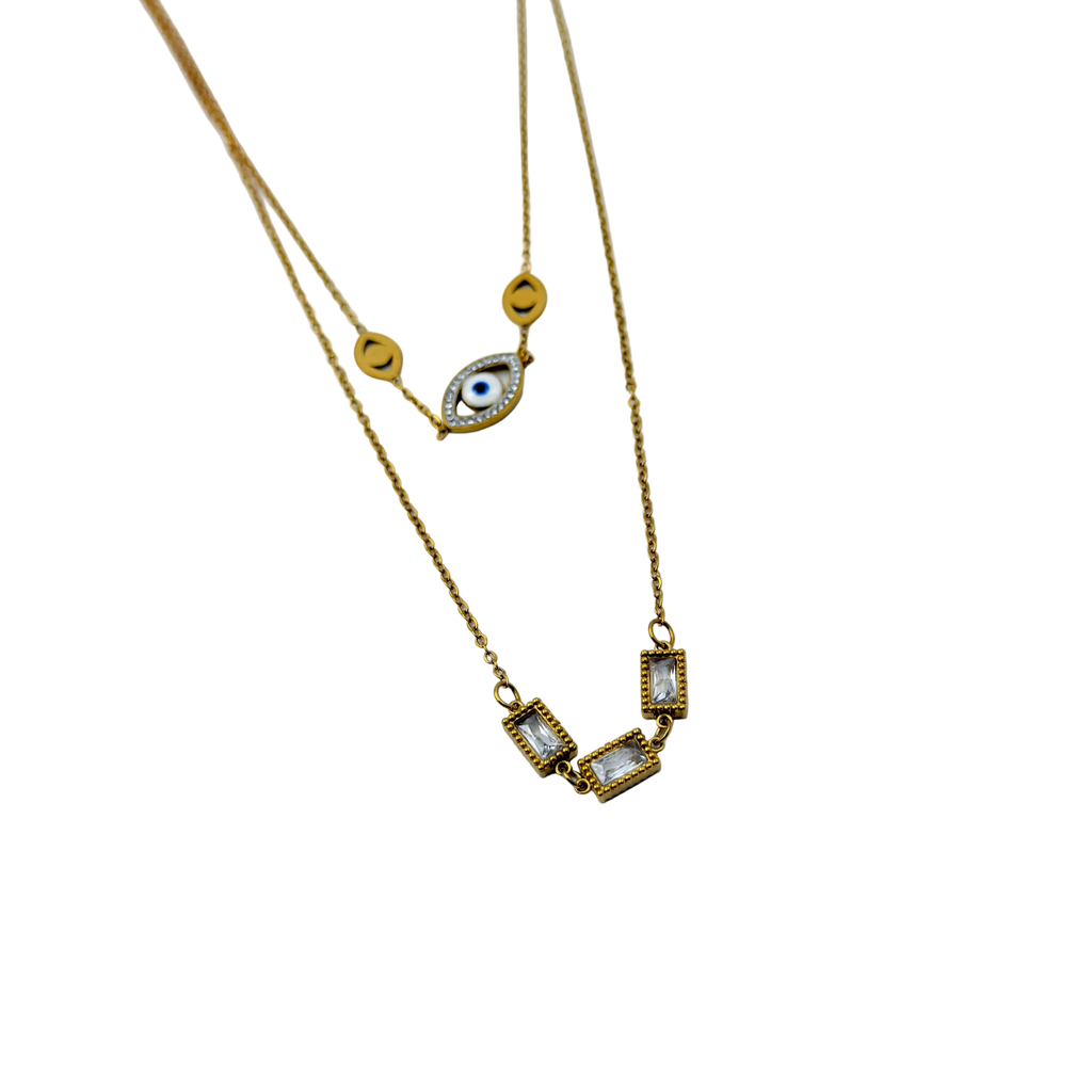 Gold Evil Eye Layered Crystal Necklace