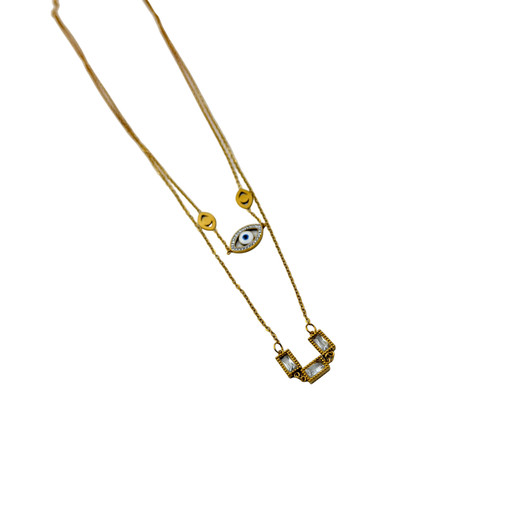 Gold Evil Eye Layered Crystal Necklace