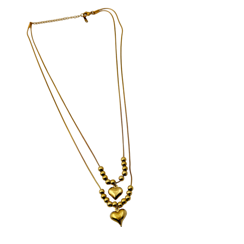 Layered Gold Heart Beaded Necklace