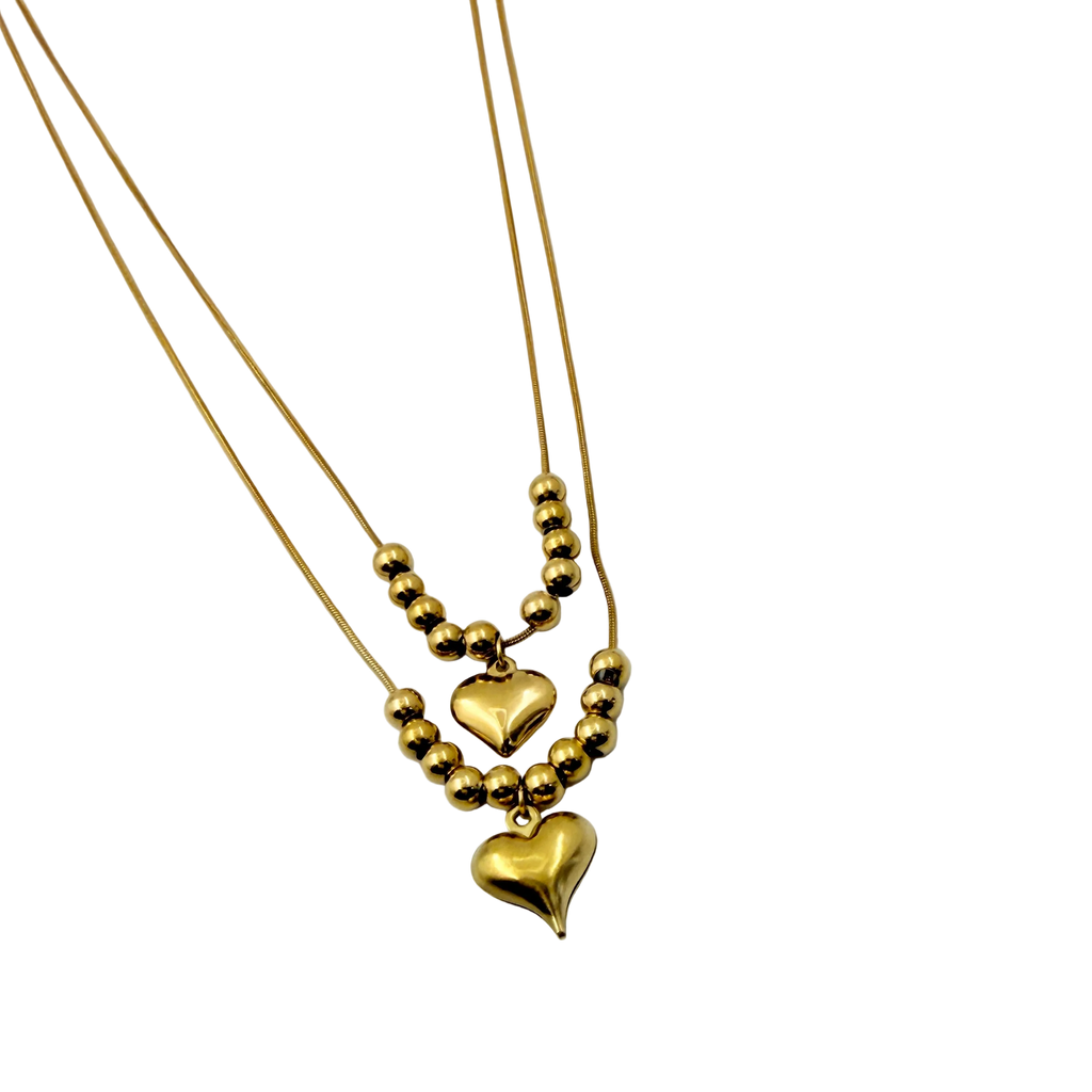 Layered Gold Heart Beaded Necklace
