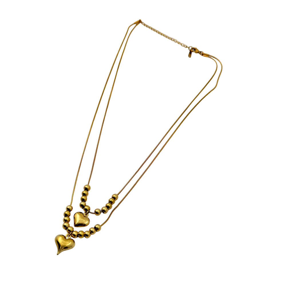 Layered Gold Heart Beaded Necklace