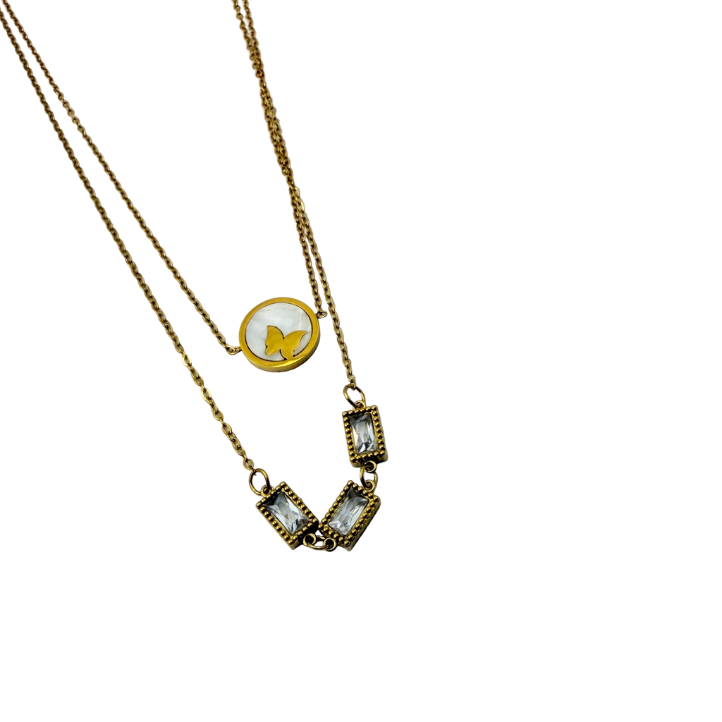 Butterfly Layered Crystal Gold Necklace